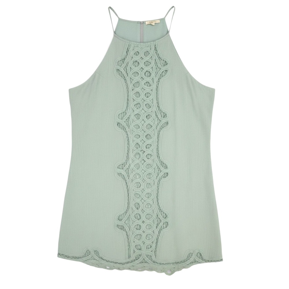 ENTRO Sage Green Battenburg Lace HALTAR NECK Button Back BOHO SHIFT DRESS M